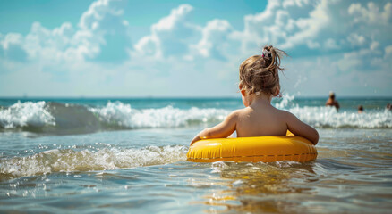 Wall Mural - Cute little girl in a swimming ring on the beach, sitting and relaxing in the sea with a yellow floaty looking back to the camera