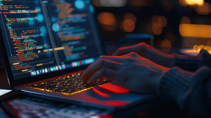 close-up of hands coding on laptop with futuristic ui, deep focus