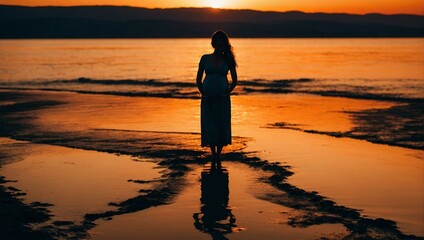 A pregnant woman stands contemplatively in the water, gazing at a sunset reflecting the beauty of life