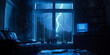 A dramatic image capturing a lightning strike outside a window, casting ominous shadows in a dimly lit room, while the computer screen displays a blue screen of death portraying a system crash during 