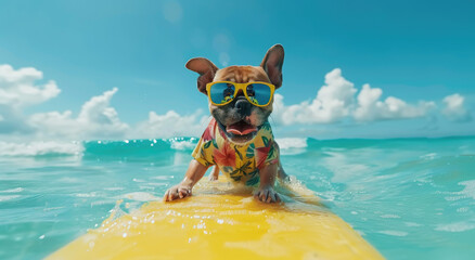 Wall Mural - dog wearing sunglasses and Hawaiian shirt surfing on yellow surfboard in the ocean with blue sky, white sand beach in background