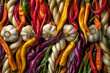 A mesmerizing close-up of colorful chili peppers intertwined with garlic bulbs, creating a striking contrast of textures.