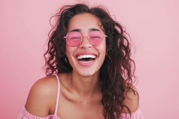 Cheerful Young Woman in Pink Round Sunglasses Posing for a Summer Portrait