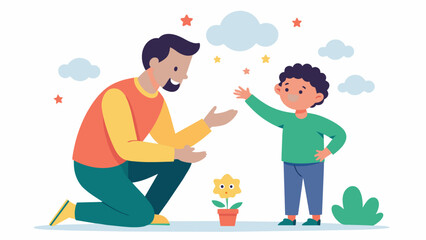 Wall Mural - A parent using positive reinforcement and praise to encourage their neurodivergent child to try a new activity.. Vector illustration