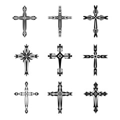 Wall Mural - Christian cross vector icon symbols.  Abstract christian religious belief or faith art illustration for orthodox or catholic design. The symbol of the cross in various designs used in tattoo.