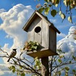 wooden bird house.a quaint birdhouse set against a backdrop of blue skies and fluffy clouds. The birdhouse should be depicted with rustic charm, nestled among branches and leaves, with birds perched n