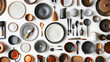 Many different tableware and kitchenware on white background