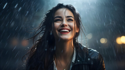 beautiful woman smiling in rain