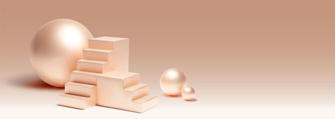 Poster - Pearl pink stair podium and balls on light beige background. Vector realistic illustration of luxury product display with geometric design elements, beauty cosmetic presentation, showroom interior