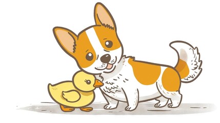 Canvas Print -   A brown and white dog stands beside a yellow duck on a white background, next to a smaller brown and white dog