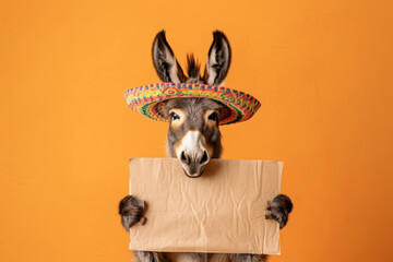 Poster - a donkey portrait wearing a sombrero hat and mexican style clothing holding a blank sign