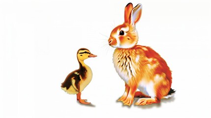 Wall Mural -   A painting of two animals, a duck and a rabbit, resting together on a blank background