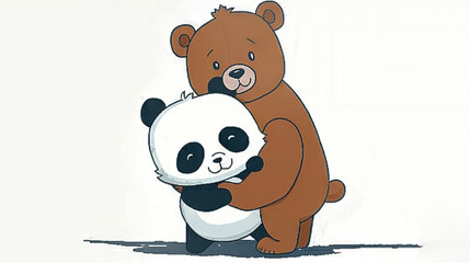 Sticker -  A brown bear hugging a panda on its back, with a black-and-white panda on its back