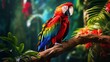 Closeup of a vibrant parrot on a lush green branch tropical setting with vivid colors