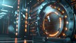 A vault door, made of layers of digital encryption, guarding the entrance to a secure data repository, with keys of biometric data floating in readiness. 32k, full ultra hd, high resolution