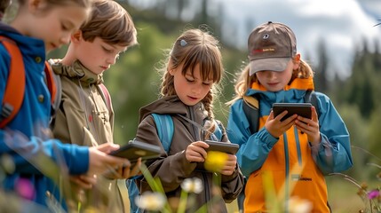 Poster - Capture scenes of kids engaging in citizen science projects outdoors, using technology : Generative AI