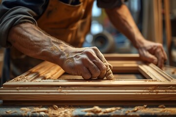 craftmanship, hands building wood window frames in workshop : Generative AI