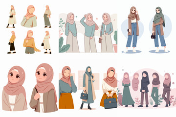 Wall Mural - group of hijab women in different poses and style. fashion concept. flat vector illustration