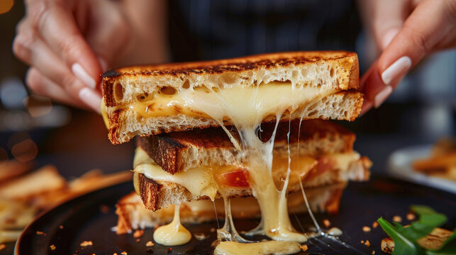 A close-up of a person pulling apart a grilled cheese sandwich, with the cheese melting and stretching