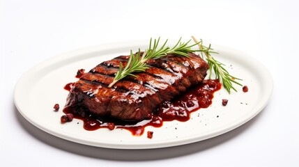 Wall Mural - Delicious grilled meat steak with chili sauce on plate isolated on white background.