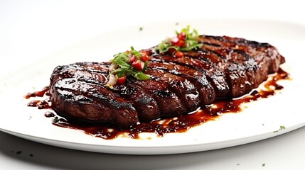 Wall Mural - Delicious grilled meat steak with chili sauce on plate isolated on white background.