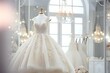Bedroom interior with wedding dress prepared for the ceremony. A beautiful lush wedding dress on a mannequin ,created by ai