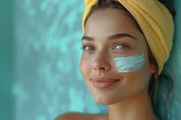 Canvas Print - a woman with a towel on her face is covered in cream. Beauty routine: Woman applying cosmetic oil to her face