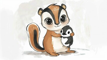 Sticker -   A picture of a squirrel cradling a young one against a white backdrop, featuring a dark-and-brown stripe across its neck