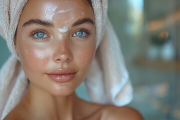 Canvas Print - a woman with a towel on her face is covered in cream. Beauty routine: Woman applying cosmetic oil to her face