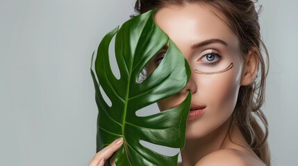 Wall Mural - blue-eyed woman with freckles in the jungle peeks out from behind a tropical palm tree. Beautiful woman with green leave near face and body. Closeup girl's face with green leave