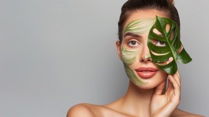 Wall Mural - blue-eyed woman with freckles in the jungle peeks out from behind a tropical palm tree. Beautiful woman with green leave near face and body. Closeup girl's face with green leave