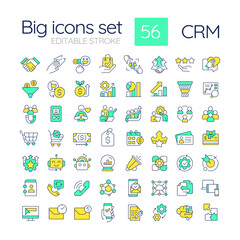 Poster - CRM RGB color icons set. Customer satisfaction management. Social marketing, sales forecasting. Isolated vector illustrations. Simple filled line drawings collection. Editable stroke