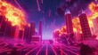 A neon grid landscape with explosive bursts of data breaches, where digital buildings start to crumble under the force of a cyber attack. 32k, full ultra hd, high resolution
