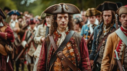 A young man with long brown hair wearing a brown tricorn hat and a red coat from the 1700s