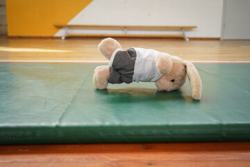 Wall Mural - A stuffed rabbit does an exercise on a mat in the gym