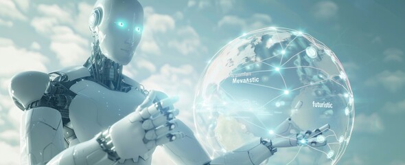 White humanoid using globe network hologram with map 3D rendering