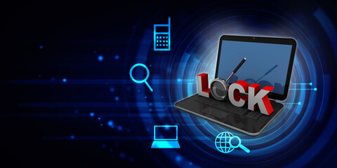 Sticker - 3d illustration Safety concept: Closed Padlock with laptop on digital background