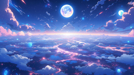 Wall Mural - Fantasy sky, moon, beautiful starry sky illustrations, human moon day natural scene wallpaper illustrations