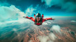 A man in a red jumpsuit skydives through the air in a wide shot.