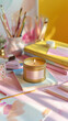 An elegant gold tin candle on books in office.
