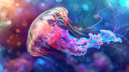 Transparent jellyfish in deep blue sea, World Oceans Day jellyfish close-up concept illustration