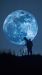 Astronomer using a telescope under a full moon, educational context, promoting stargazing events and astronomy tools