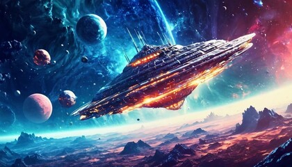 Wall Mural - Abstract interstellar voyage background with futuristic spacecraft and cosmic landscapes.
