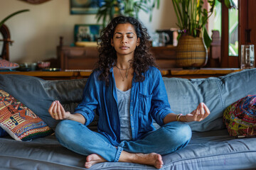 Young yogi Indian Woman Meditating on the couch, zen pose