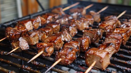 Canvas Print - A barbecue grill loaded with skewers of marinated pork neck, grilling to perfection and enticing with its smoky aroma.