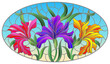 Illustration in stained glass style with  bouquet of irises, flowers, buds and leaves on blue background, oval image