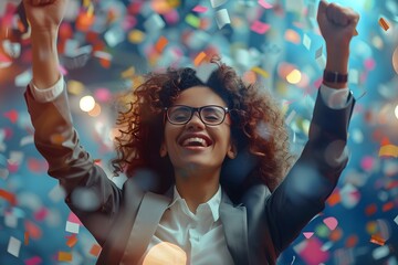 a young woman in glasses, her face lit up with a broad, triumphant smile as she celebrates with her 