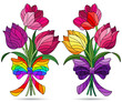 Set of  illustrations in stained glass style with bouquets of  tulips, isolated on a white background