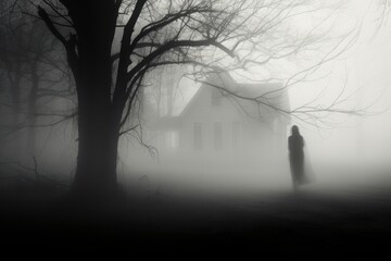 Mystery, ghost, Fog with hazy lighting. Monochromatic. Realistic black and white photo for Halloween