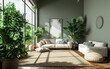 Modern living room with green plants and natural light, Cozy interior design with a sofa, plants, and a sunny view through large windows
